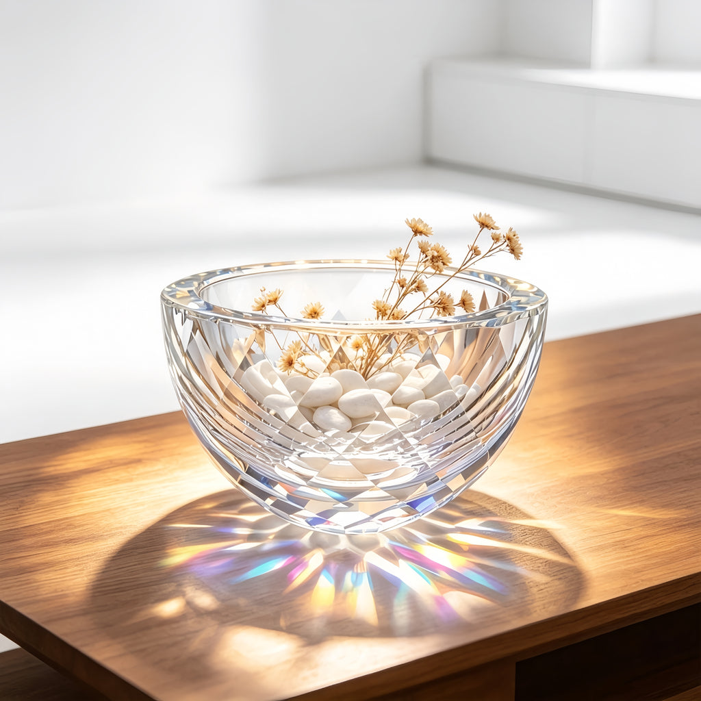Diamond-Cut Faceted Crystal Glass Serving Bowl (Clear)