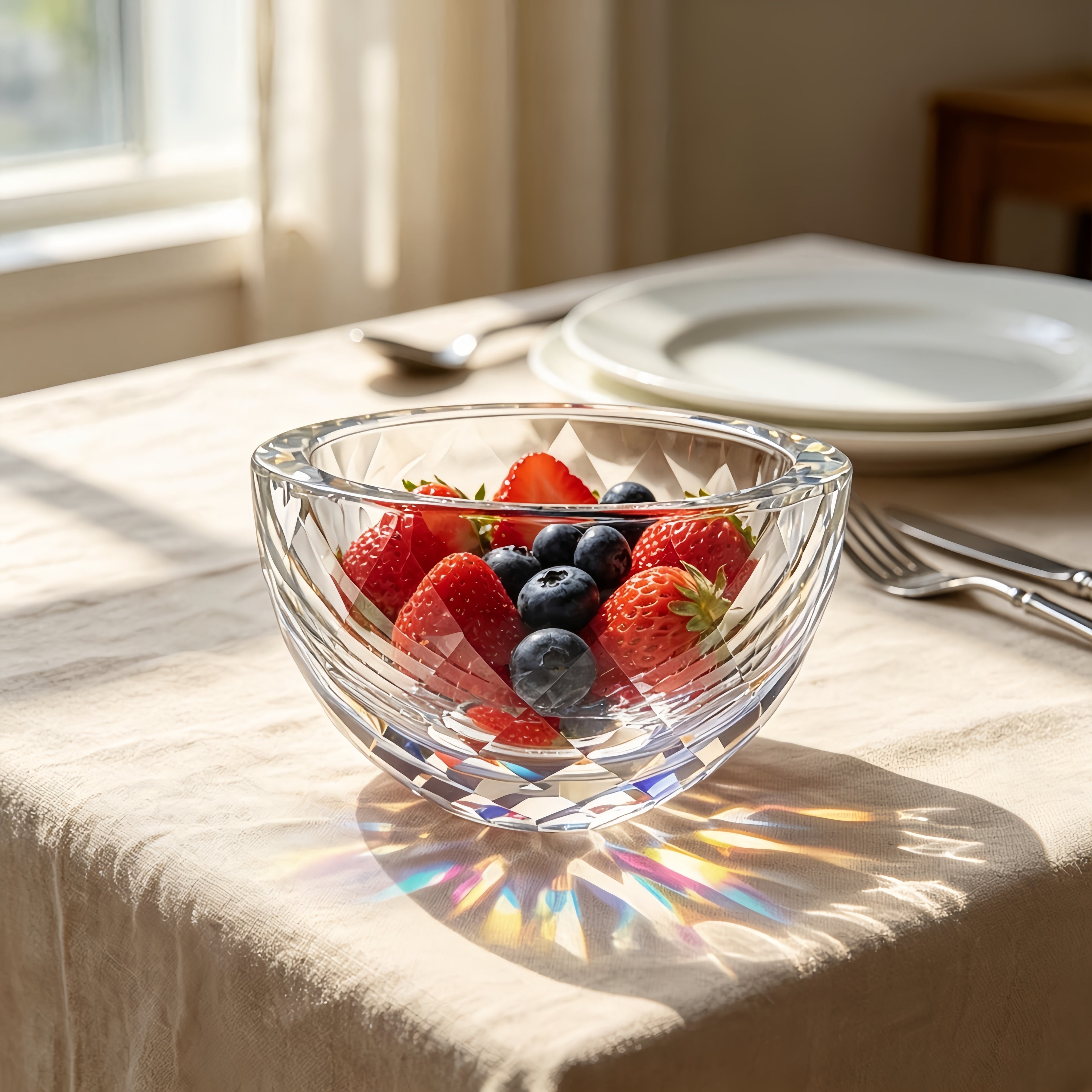 Diamond-Cut Faceted Crystal Glass Serving Bowl (Clear)